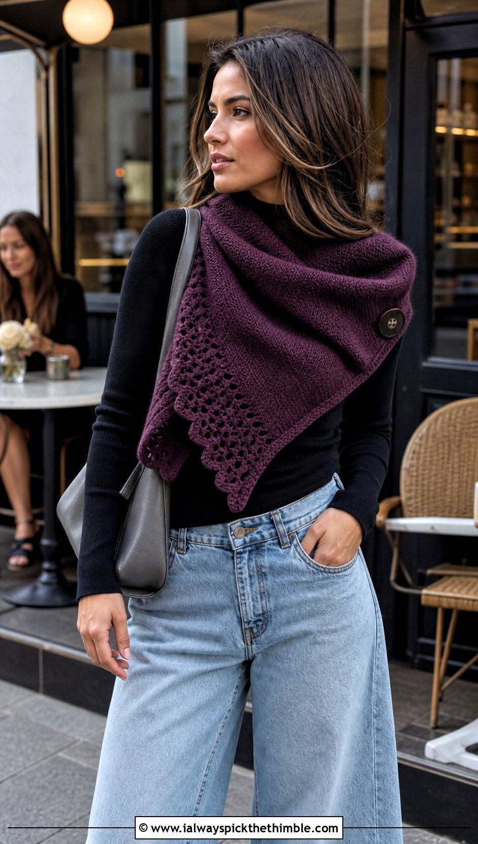 Asymmetric Button Scarf With Wide Leg Jeans - 15 Button Crochet Scarf outfit ideas