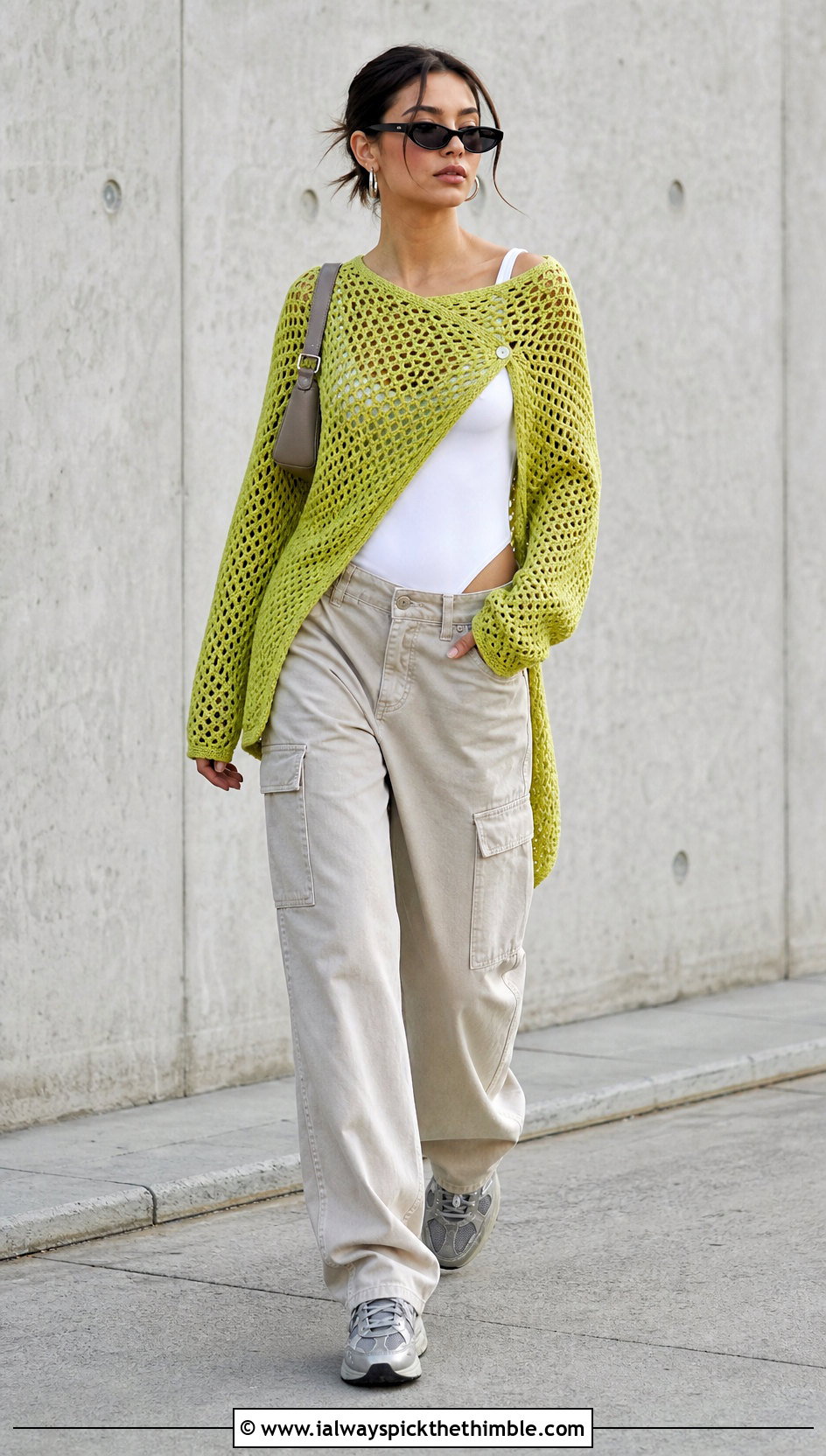 Asymmetric Buttoned Crochet Wrap With Cargo Pants - 15 Buttoned Crochet Wrap outfit ideas