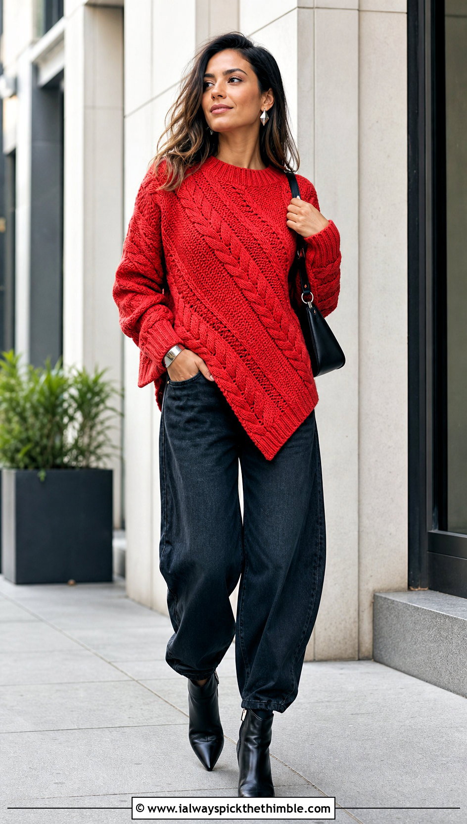 Asymmetric Cable Crochet Sweater With Barrel Jeans - 20 Cable Knit Crochet Sweater outfit ideas