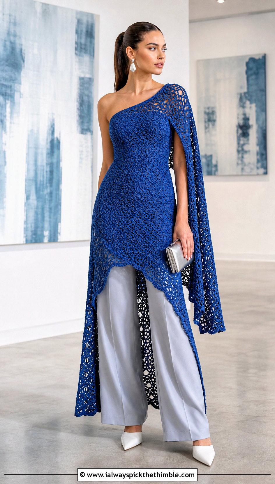 Asymmetric Cape Crochet Elsa Dress With Tailored Pants - 20 crochet elsa dress outfit ideas