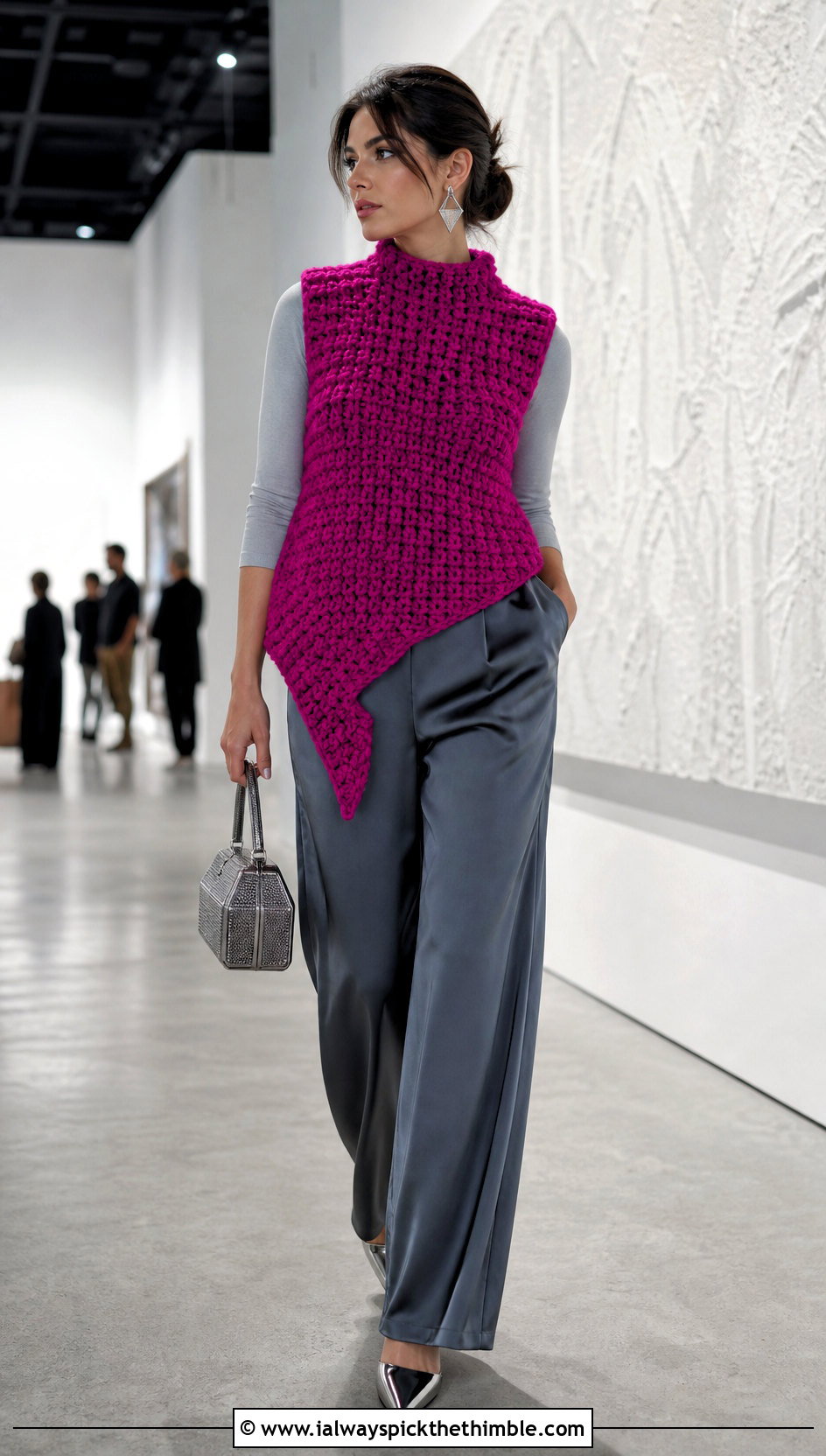 Asymmetric Chunky Crochet Vest With Satin Trousers - 20 Chunky Crochet Vest outfit ideas