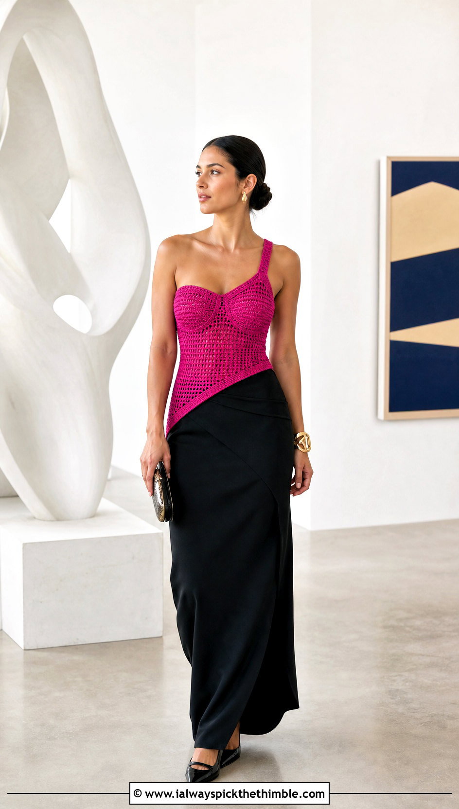 Asymmetric Crochet Bustier With Tailored Maxi Skirt - 20 crochet bustier outfit ideas