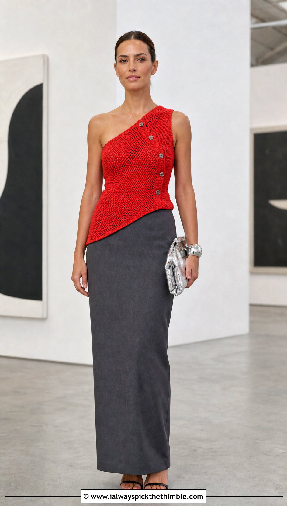 Asymmetric Crochet Button Top With Column Skirt - 25 Crochet Top With Buttons outfit ideas