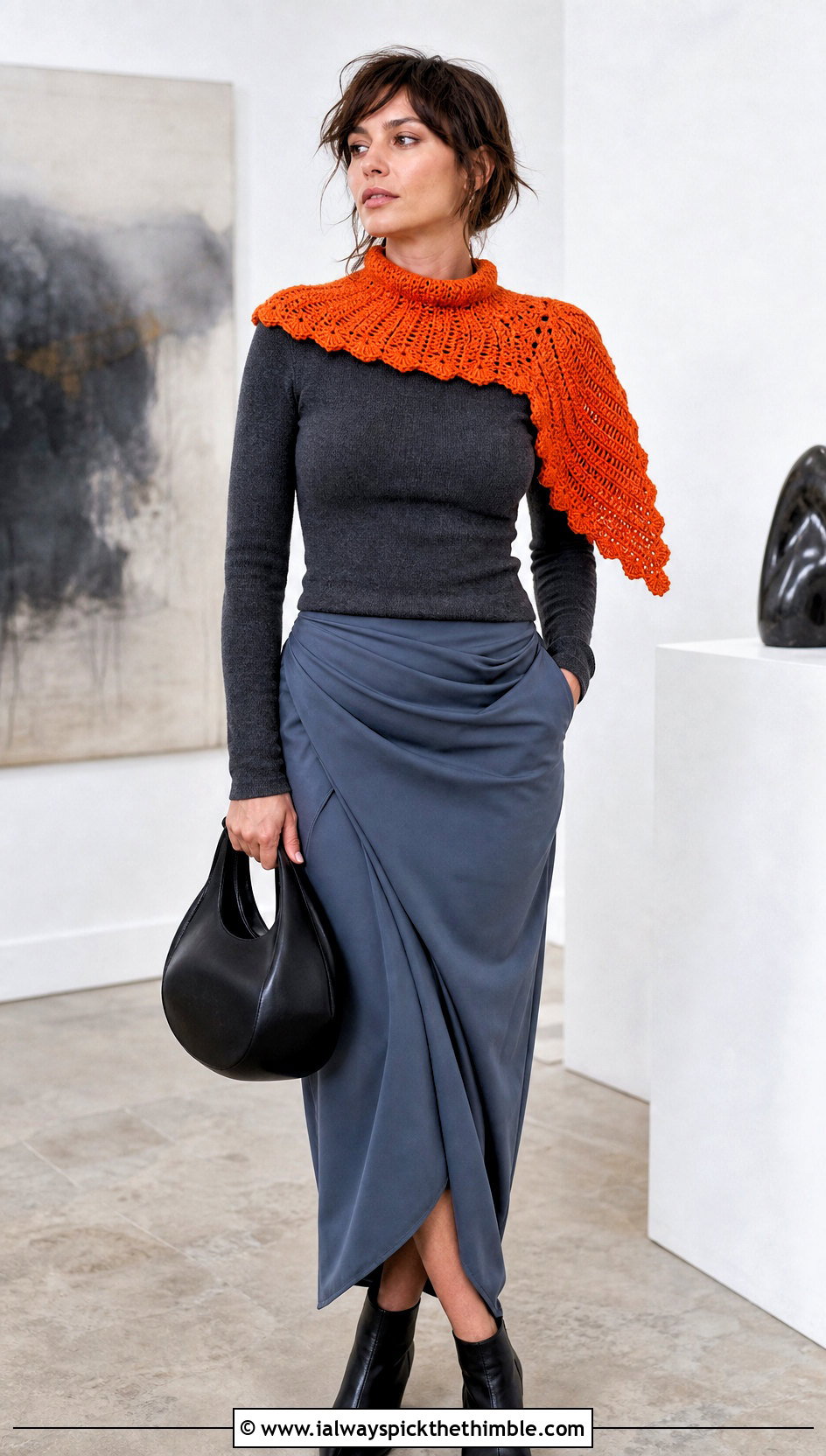 Asymmetric Crochet Collar With Knit Top And Draped Skirt - 25 crochet collar outfit ideas