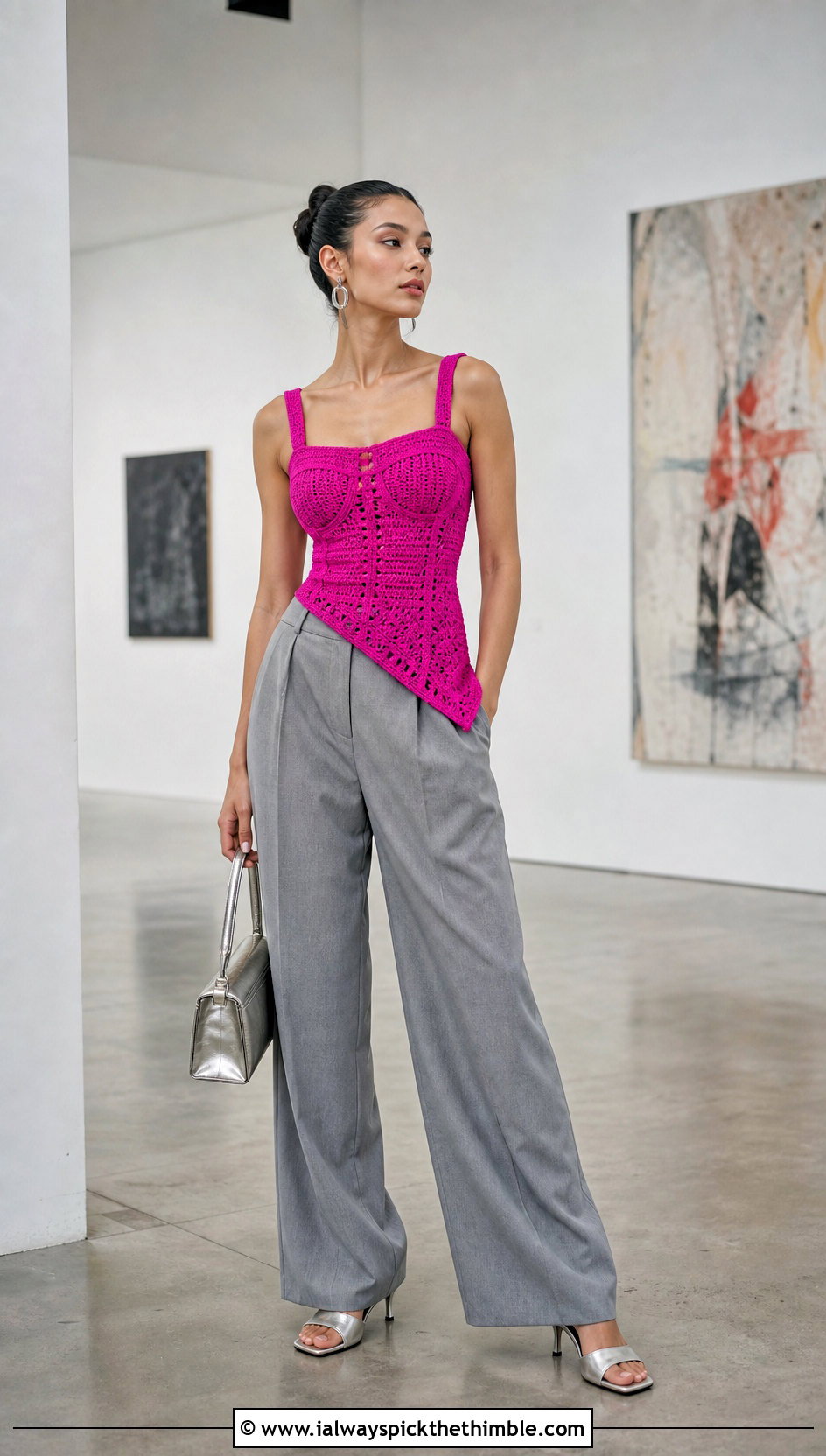 Asymmetric Crochet Corset Vest With Pleated Trousers - 20 crochet corset vest outfit ideas