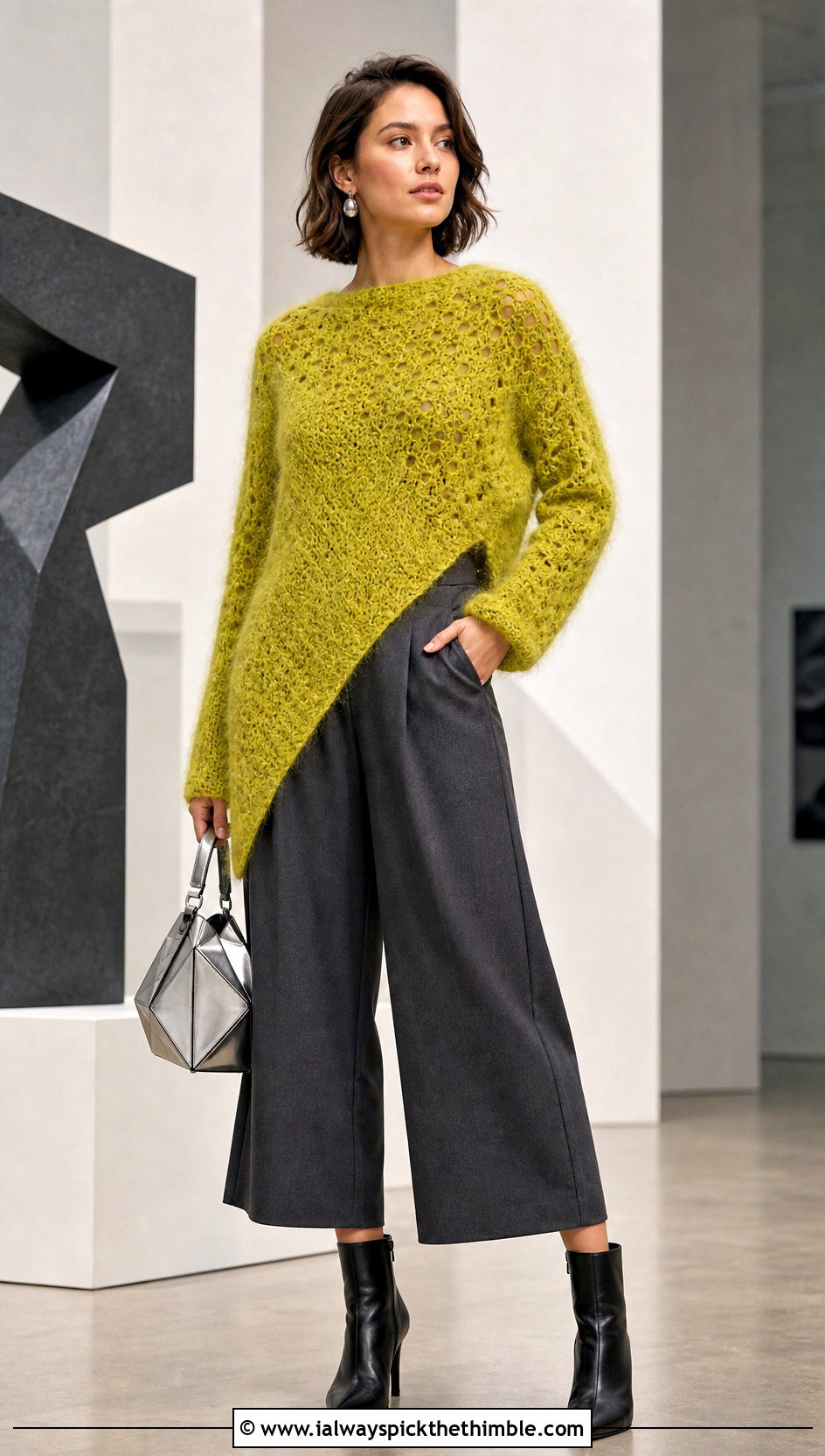 Asymmetric Crochet Fluffy Sweater With Culottes - 25 crochet fluffy sweater outfit ideas