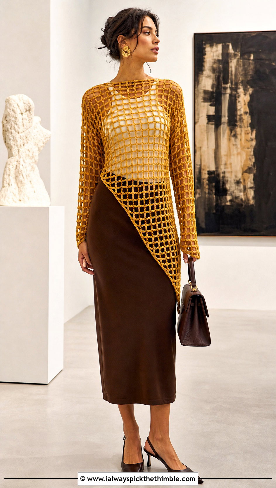 Asymmetric Crochet Grid Sweater With Pencil Skirt - 20 crochet grid sweater outfit ideas