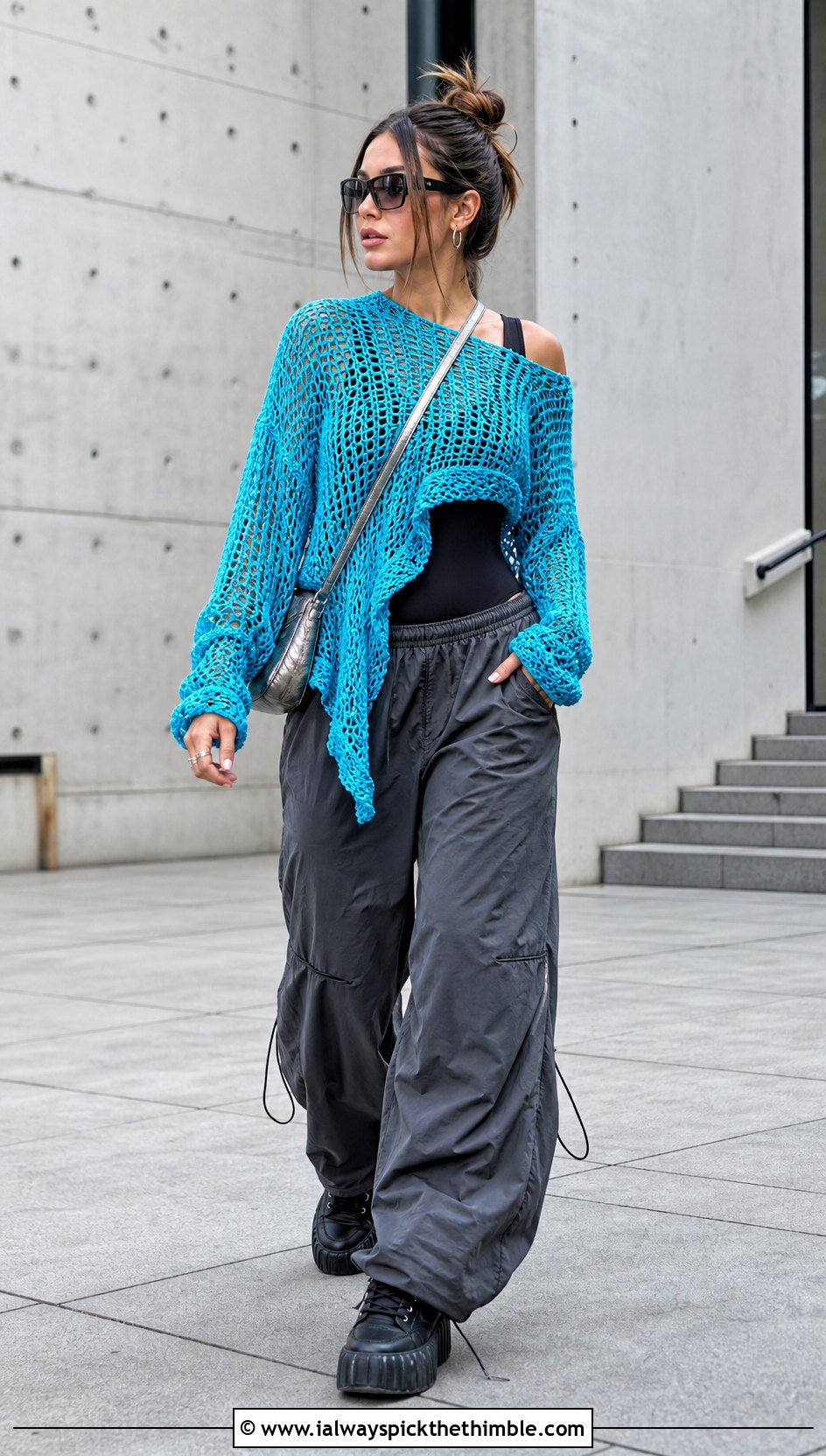Asymmetric Crochet Grunge Sweater With Parachute Pants - 20 crochet grunge sweater outfit ideas