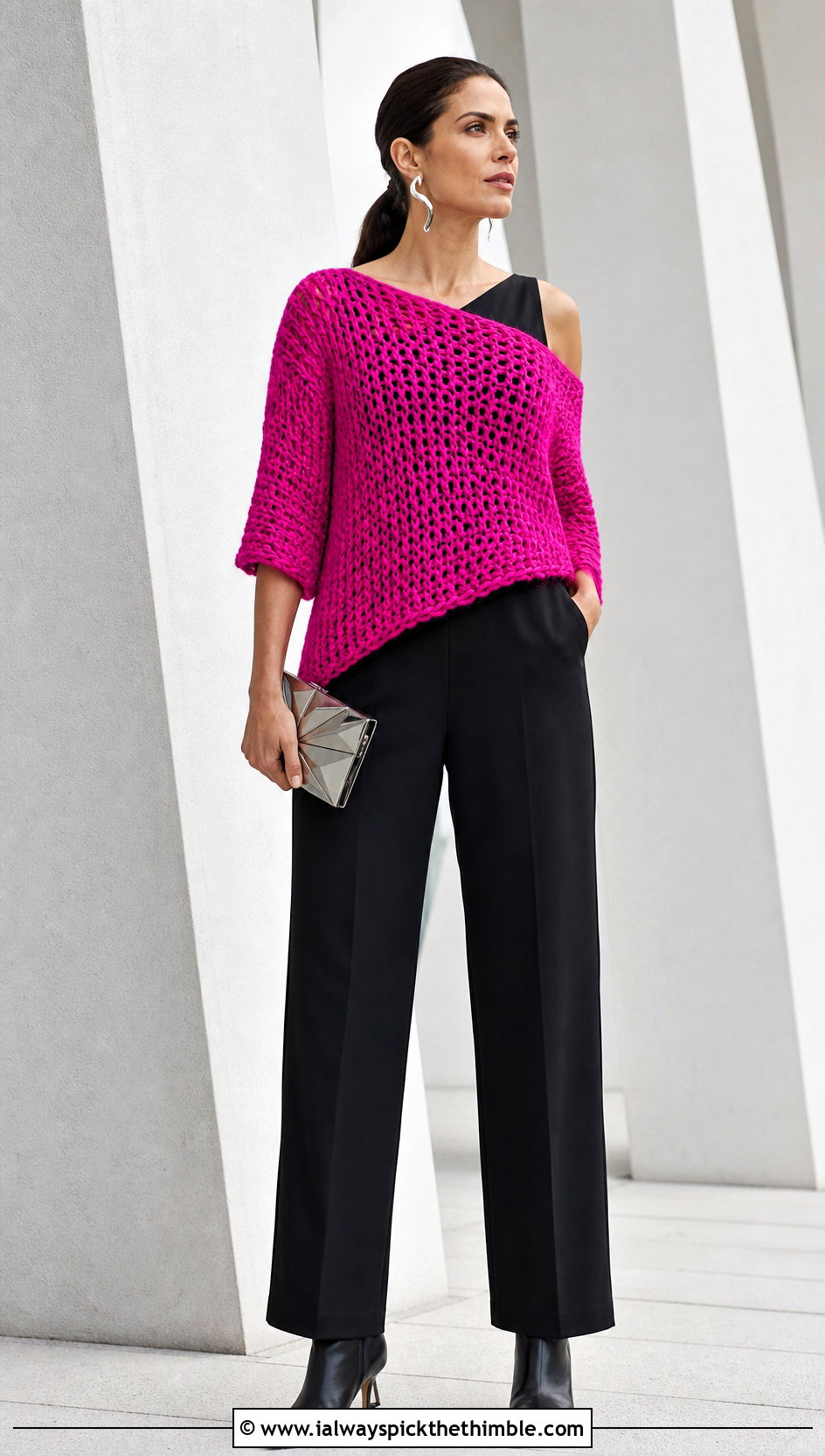 Asymmetric Crochet Half Sweater With Monochrome Jumpsuit - 25 crochet half sweater outfit ideas