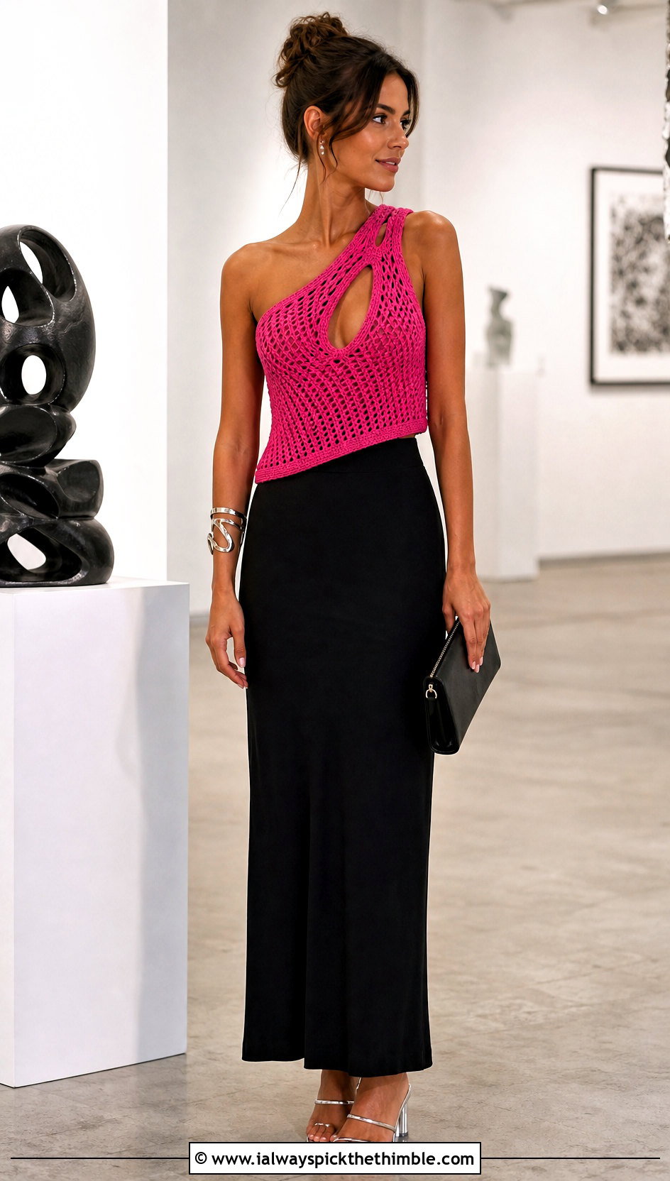 Asymmetric Crochet Keyhole Top With Column Skirt - 20 crochet keyhole top outfit ideas