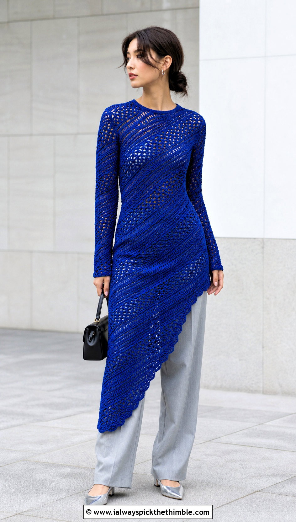 Asymmetric Crochet Long Sleeve Dress With Tailored Trousers - 20 crochet long sleeve dress outfit ideas