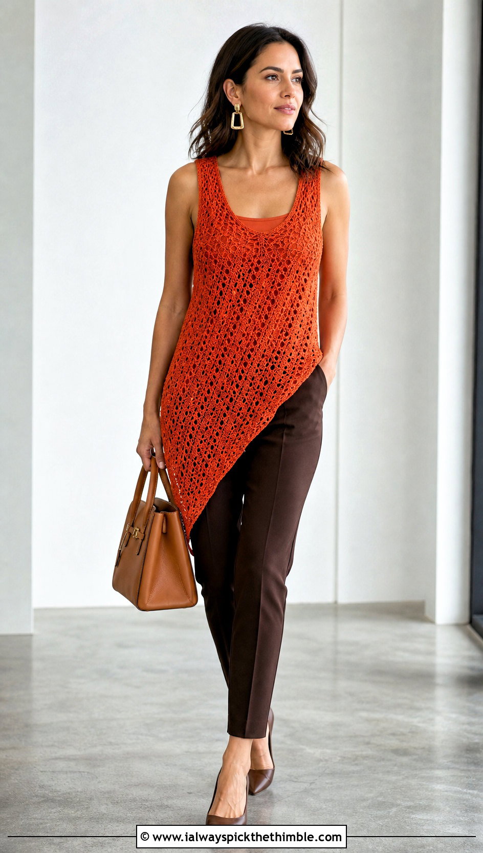 Asymmetric Crochet Long Tank Top With Slim Trousers - 20 Crochet Long Tank Top outfit ideas
