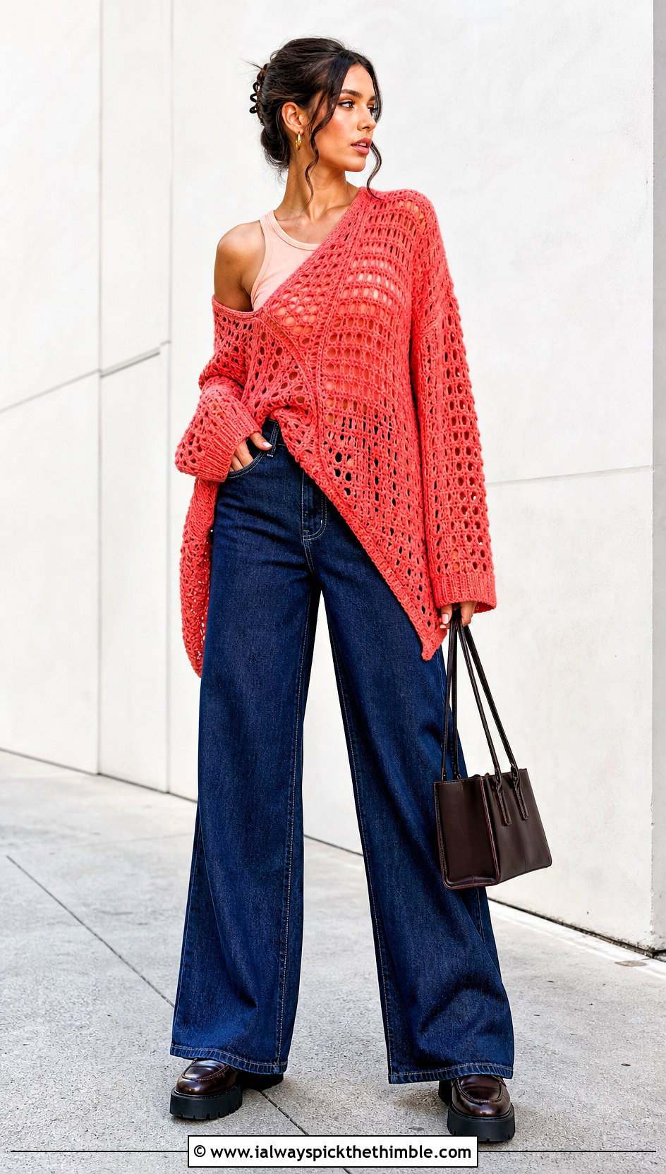 Asymmetric Crochet Loose Sweater With Wide Leg Jeans - 25 crochet loose sweater outfit ideas