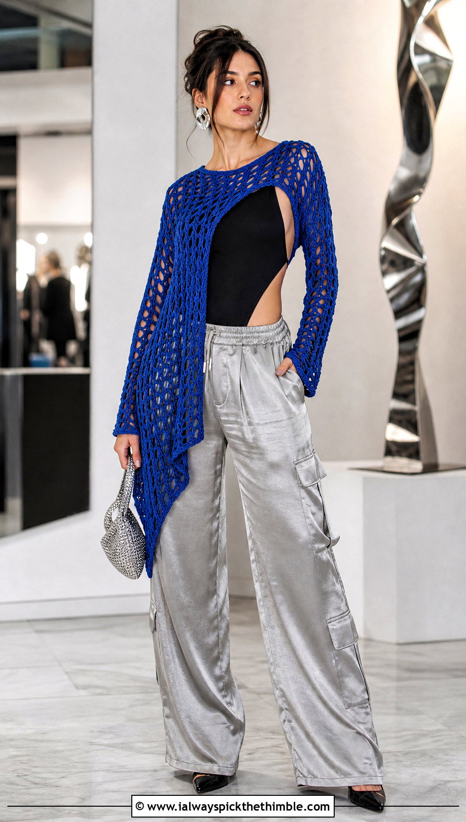Asymmetric Crochet Mesh Cardigan With Satin Cargo Pants - 25 crochet mesh cardigan outfit ideas