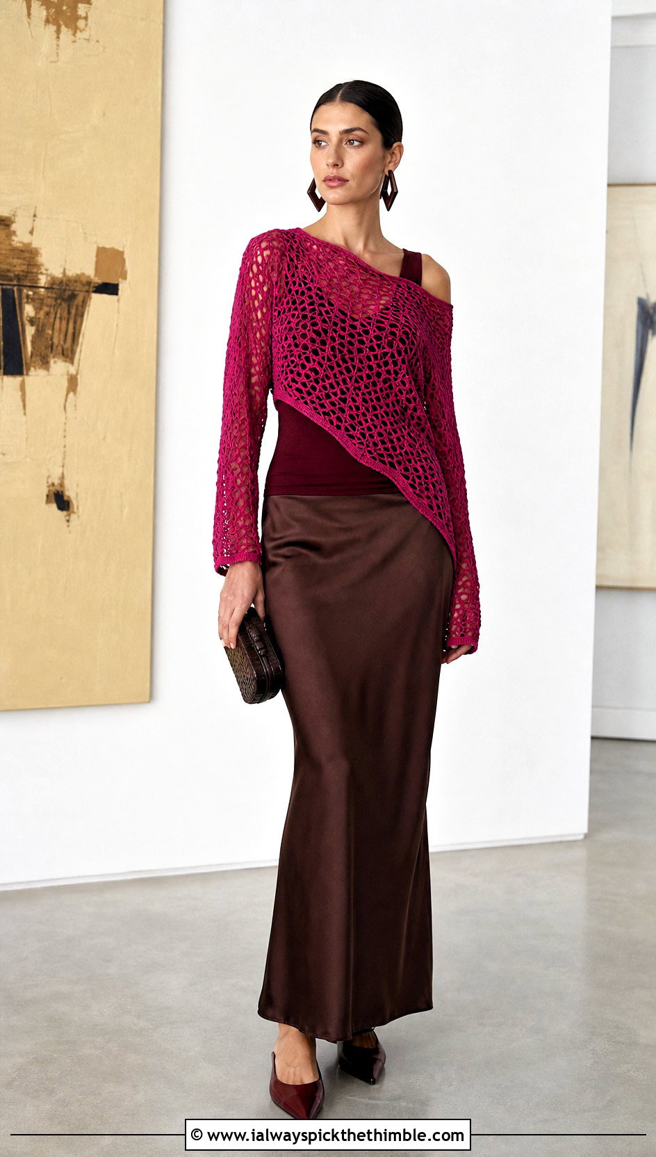 Asymmetric Crochet Mesh Pullover With Column Skirt - 20 Crochet Mesh Pullover outfit ideas