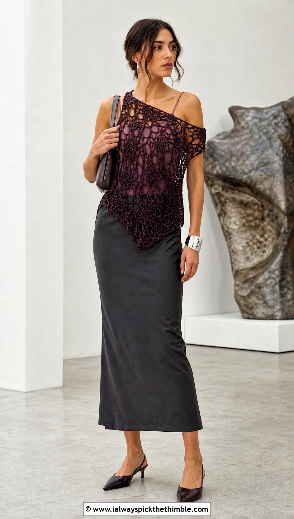 Asymmetric Crochet Mesh Top With Column Skirt - 20 long sleeve crochet mesh top outfit ideas