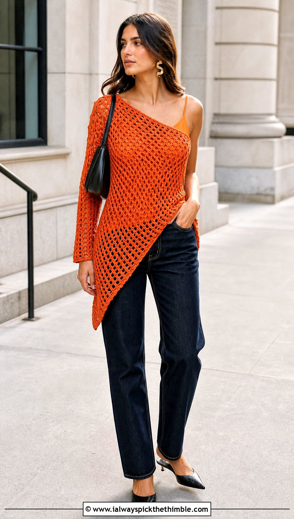Asymmetric Crochet Mesh Top With Straight Leg Jeans - 25 crochet mesh top outfit ideas