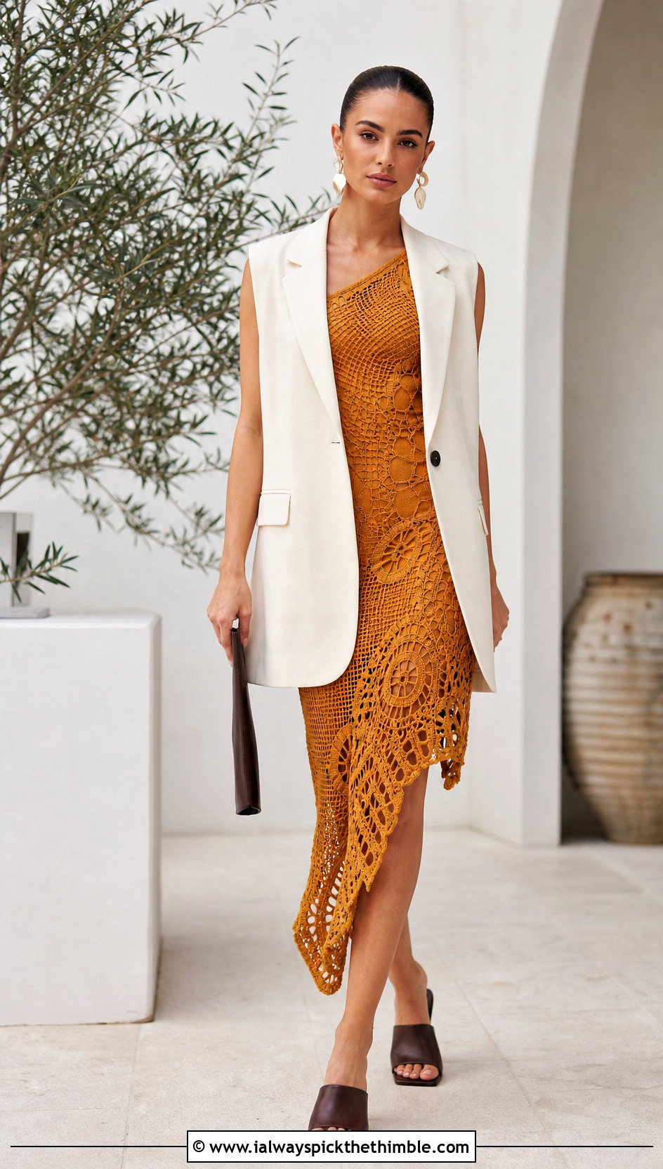 Asymmetric Crochet Midi Dress With Tailored Vest - 25 crochet dress outfits ideas