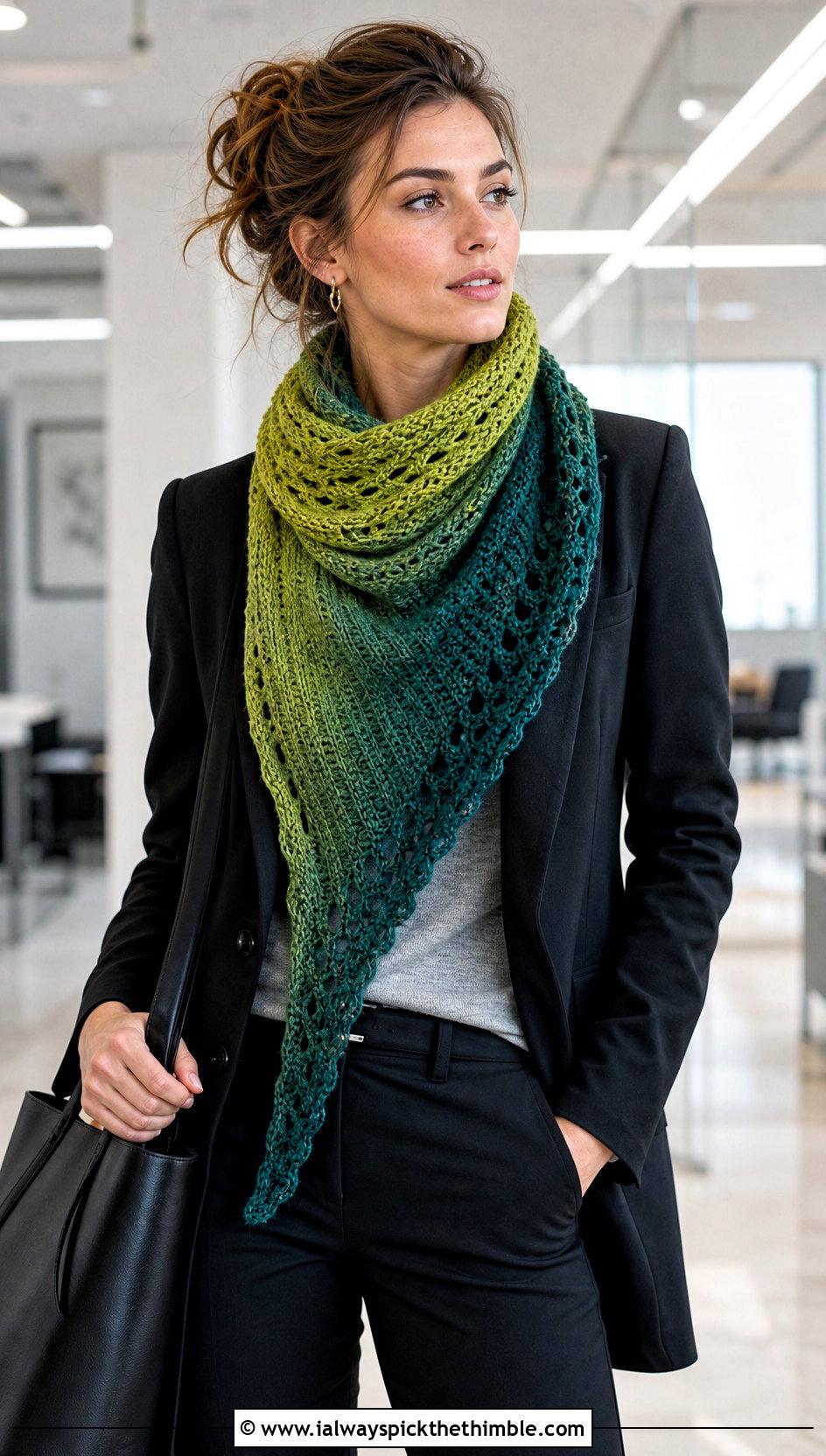 Asymmetric Crochet Scarf With Black Blazer - 15 Scheepjes Whirl Crochet Scarf outfit ideas