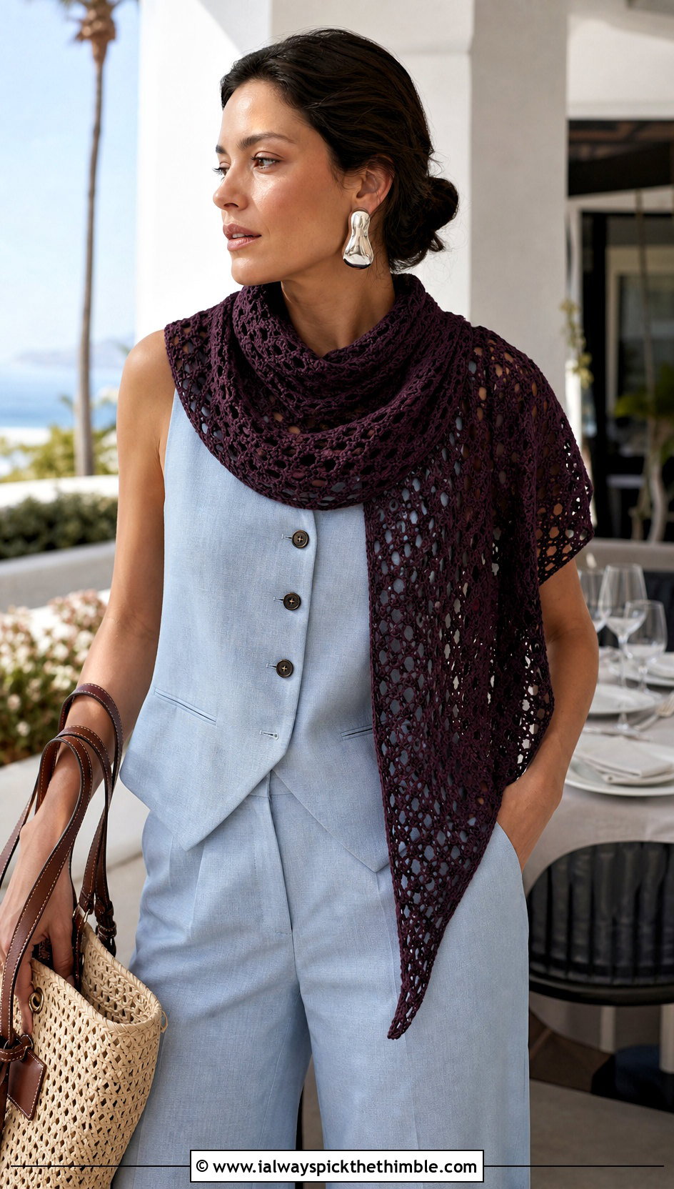 Asymmetric Crochet Scarf With Linen Vest And Trousers - 15 Light Weight Crochet Scarf outfit ideas