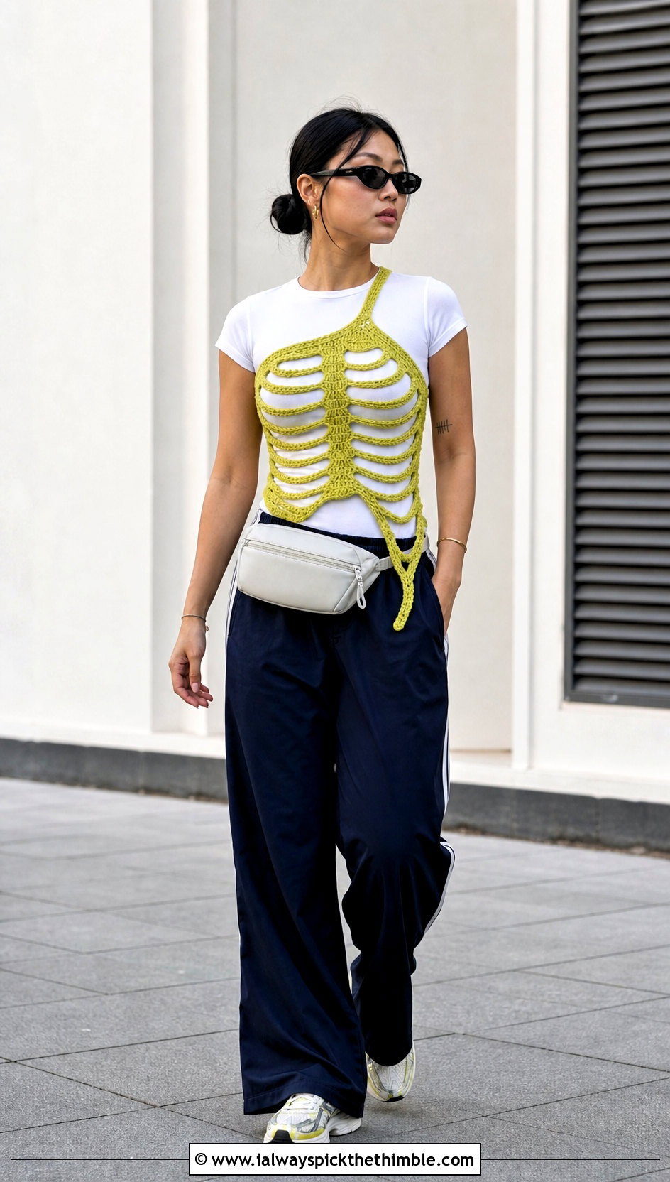 Asymmetric Crochet Skeleton Corset With Track Pants - 15 crochet skeleton corset outfit ideas