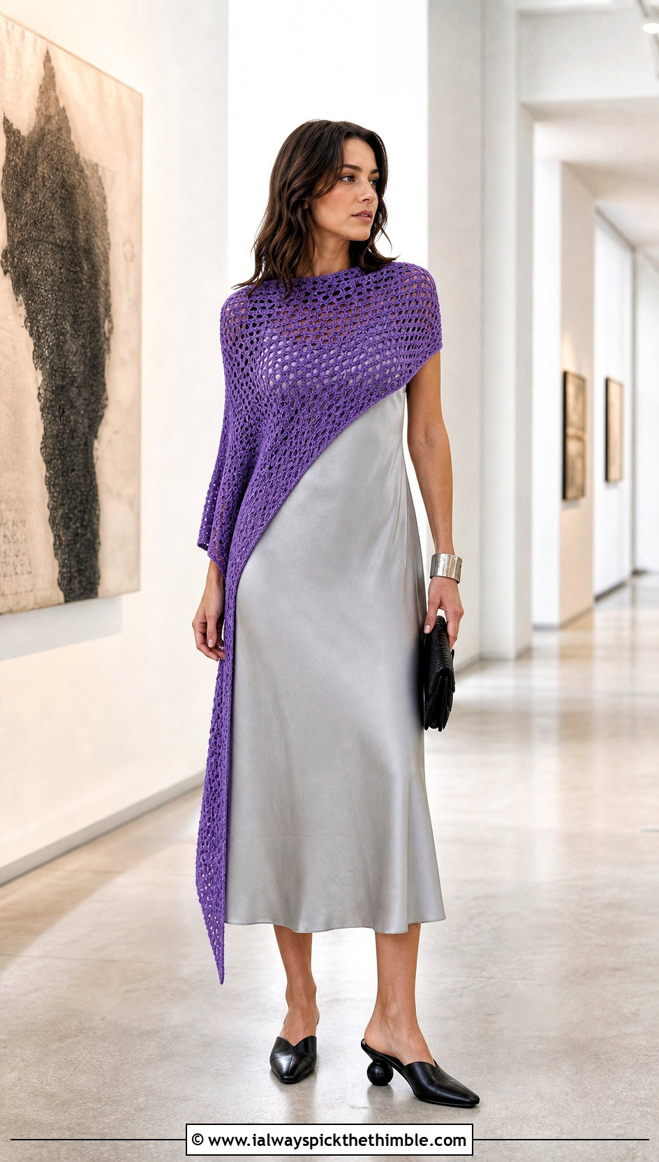 Asymmetric Crochet Sleeve Wrap With Bias Cut Dress - 25 crochet wrap with sleeves outfit ideas