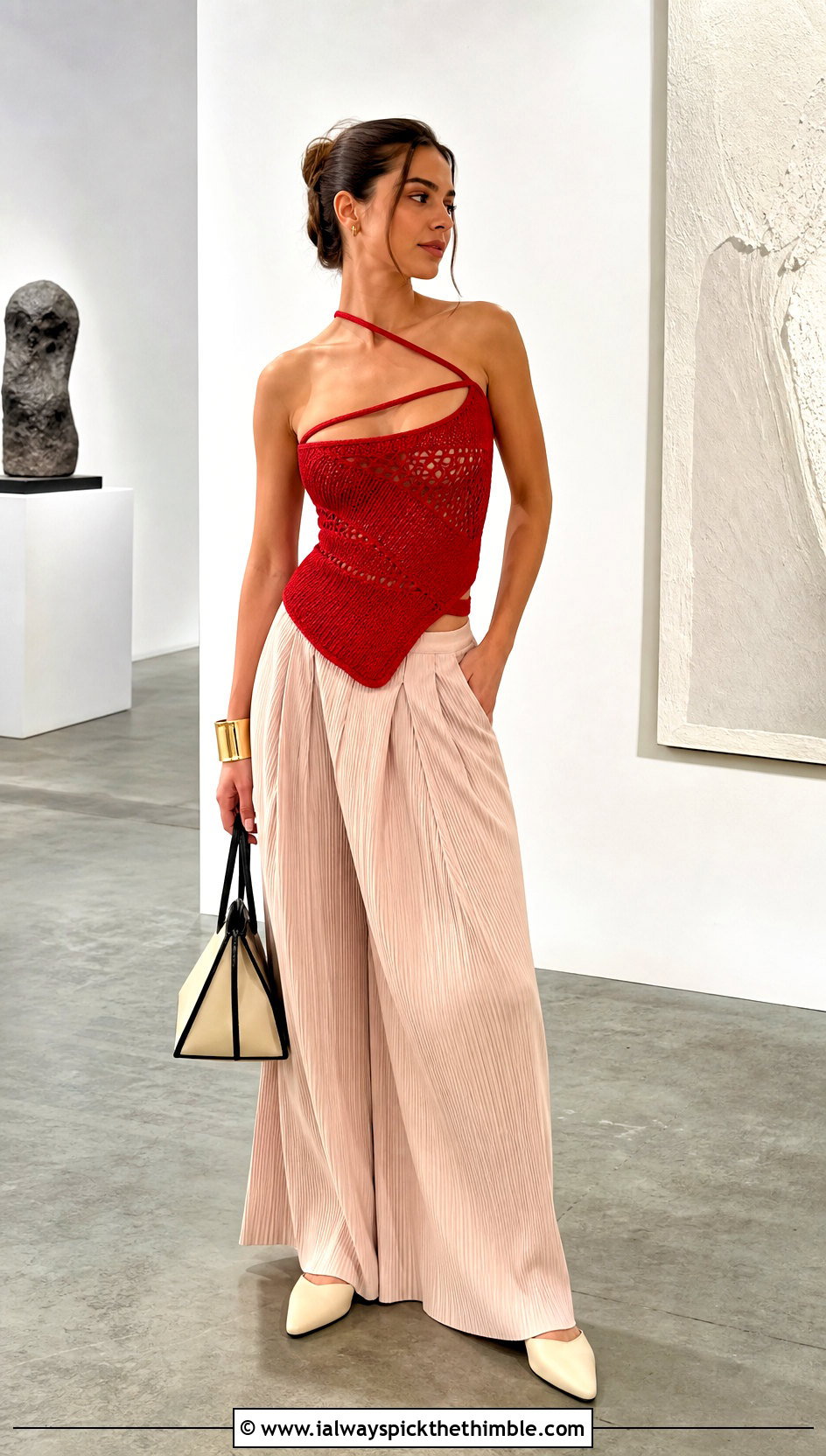 Asymmetric Crochet Strappy Top With Pleated Trousers - 15 crochet strappy top outfit ideas