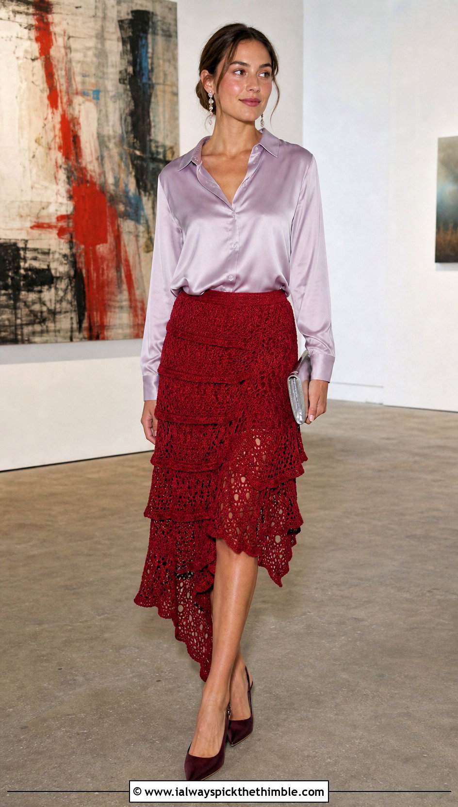 Asymmetric Crochet Tiered Midi Skirt With Satin Blouse - 25 crochet tiered skirt outfit ideas