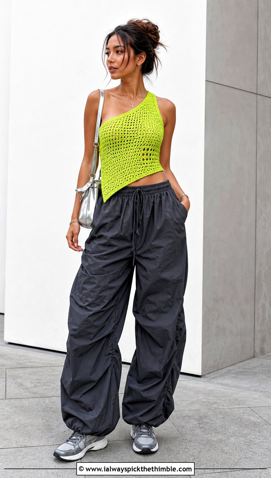 Asymmetric Crochet Top With Parachute Pants - 25 Basic Crochet Top outfit ideas
