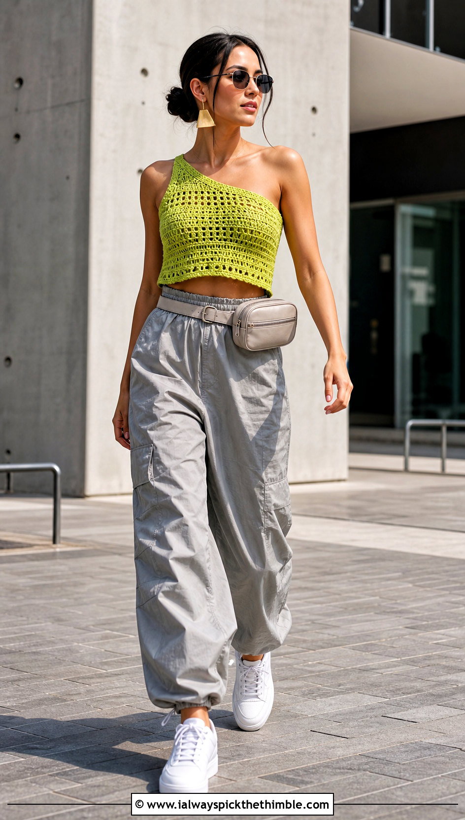 Asymmetric Crochet Top With Parachute Pants - 25 Fast Crochet Top outfit ideas