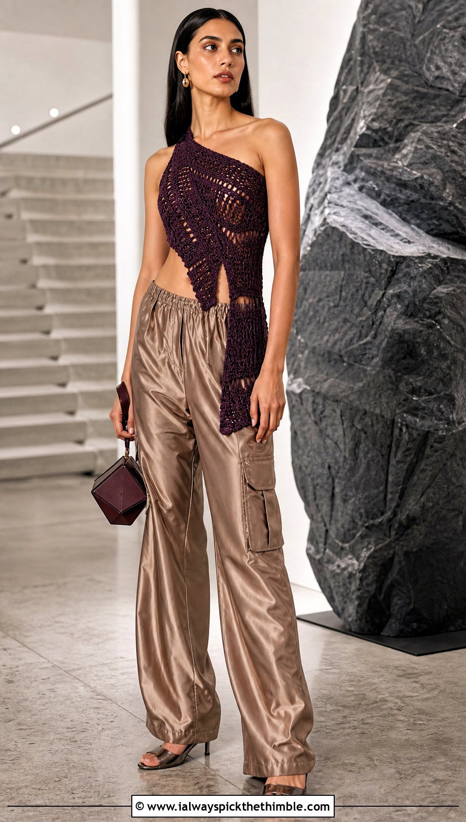 Asymmetric Crochet Top With Satin Cargo Pants - 25 crocheted tops outfit ideas
