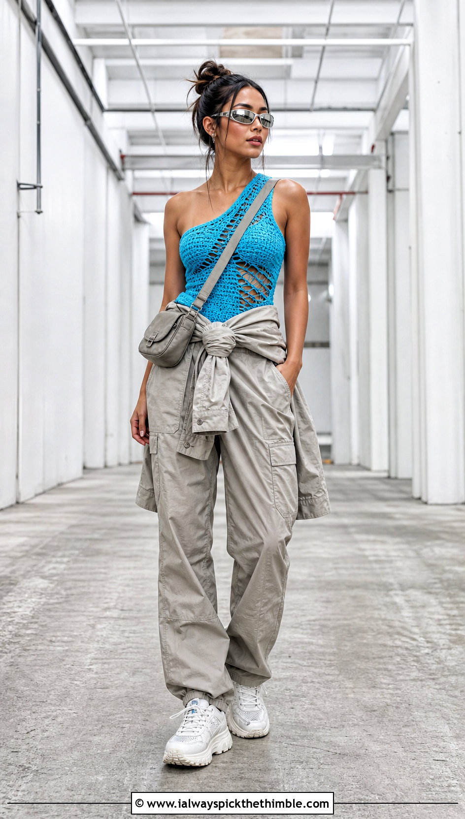 Asymmetric Crochet Top With Utility Jumpsuit - 20 Y2K Crochet Top outfit ideas