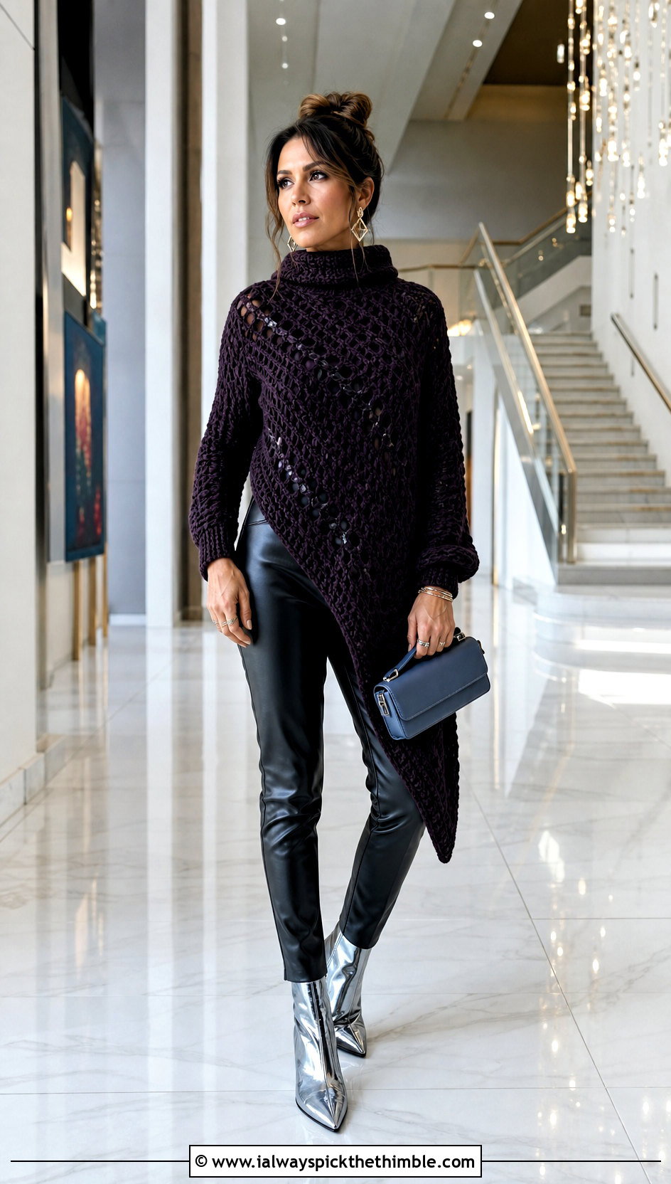 Asymmetric Crochet Turtleneck Hoodie With Faux Leather Pants - 20 crochet turtle neck hoodie outfit ideas