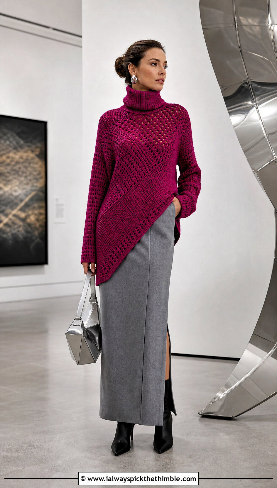 Asymmetric Crochet Turtleneck Sweater With Tailored Maxi Skirt - 20 crochet high neck sweater outfit ideas