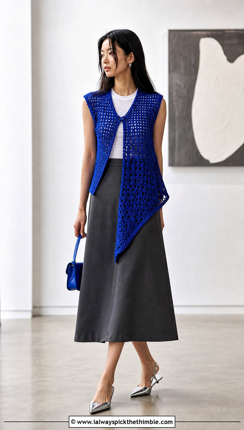Asymmetric Crochet Waistcoat With Midi Skirt - 25 crochet waist coat outfit ideas
