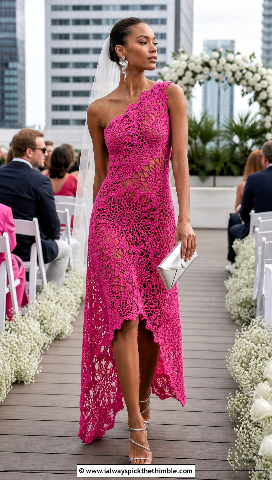 Asymmetric Crochet Wedding Dress With Strappy Heels - 25 crochet wedding dress outfit ideas