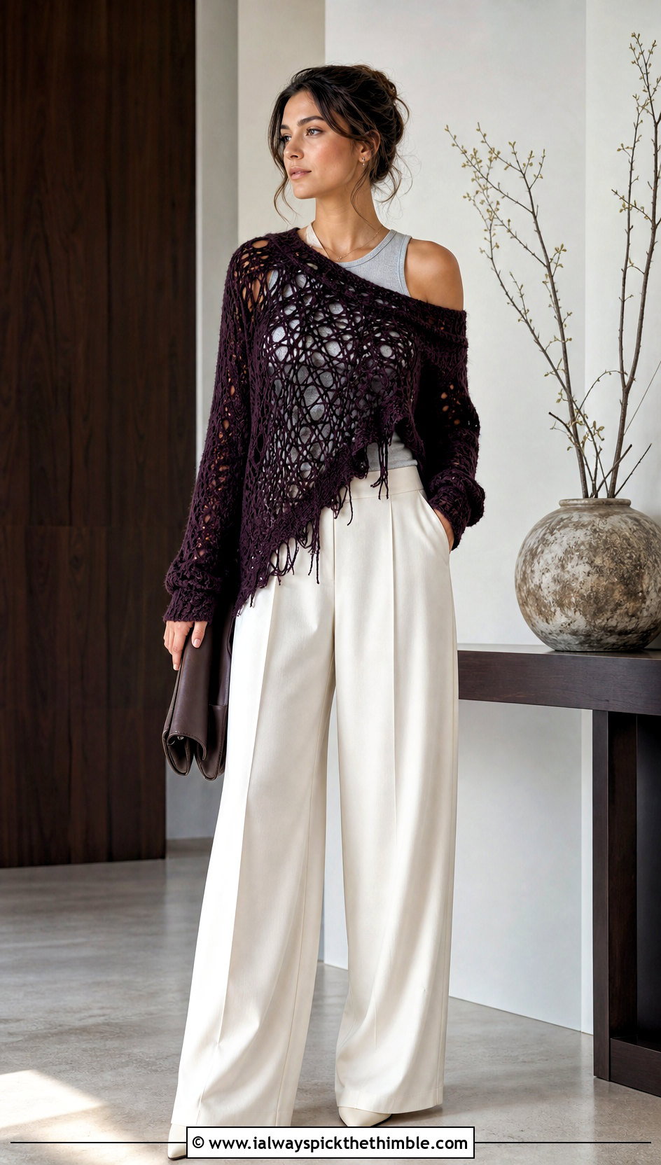 Asymmetric Distressed Crochet Sweater With Wide Leg Trousers - 25 distressed crochet sweater outfit ideas