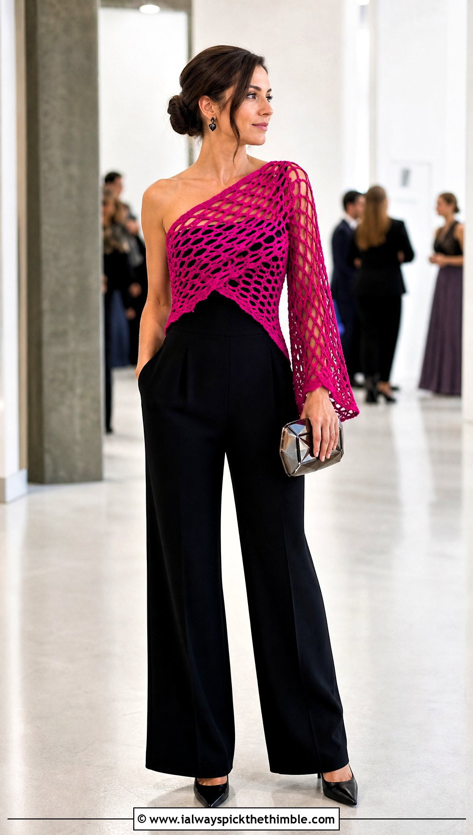 Asymmetric Fishnet Shrug With Tailored Jumpsuit - 25 crochet fishnet shrug outfit ideas