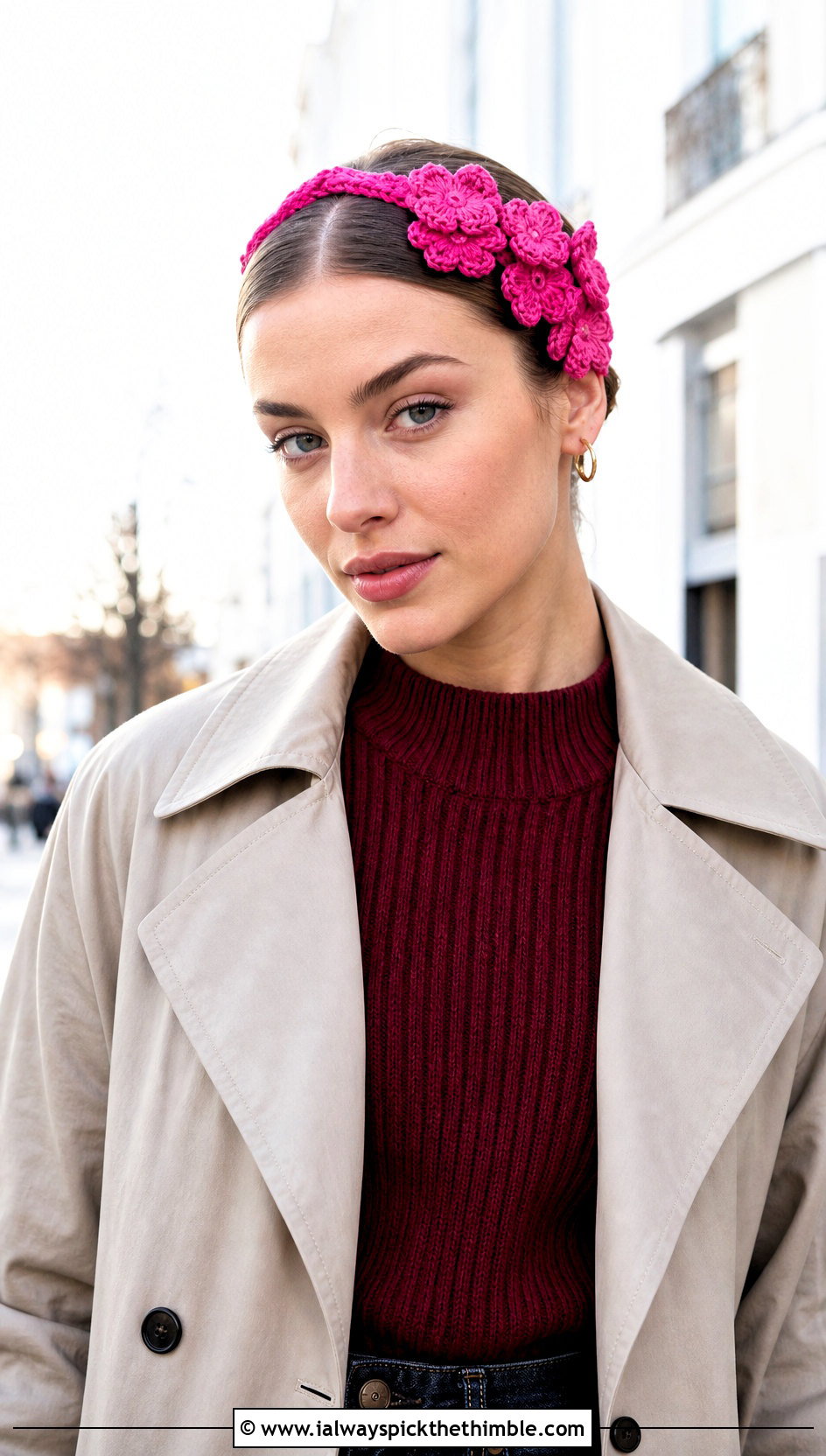 Asymmetric Flower Cluster Crochet Headband With Trench Coat - 15 crochet headband with flower decoration outfit ideas