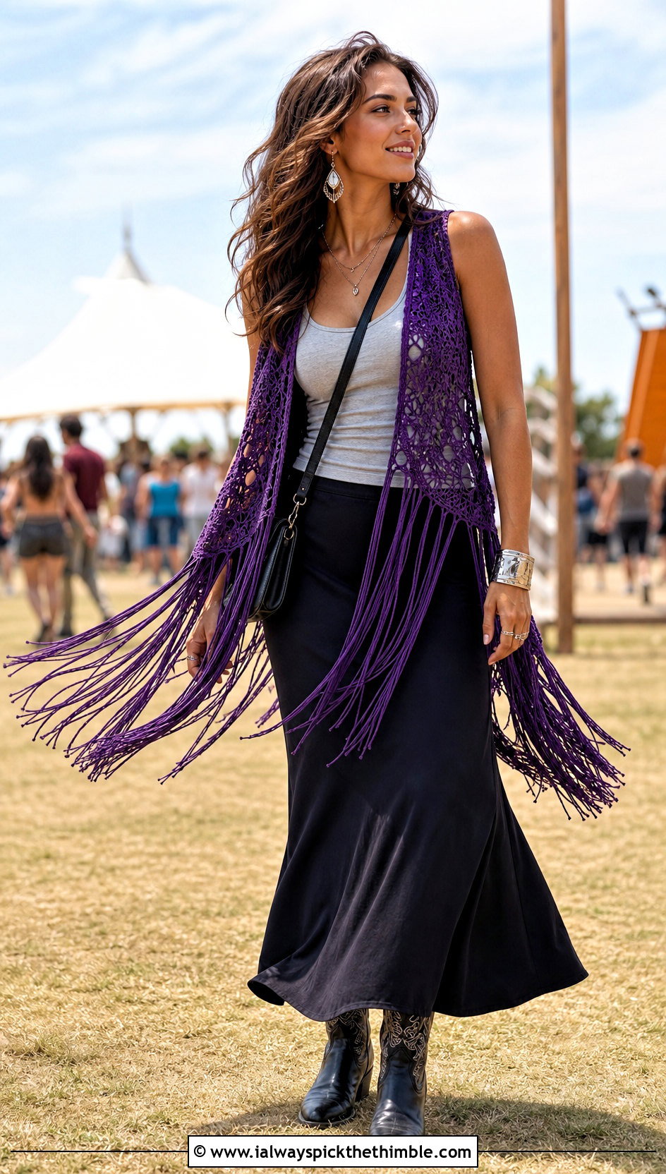 Asymmetric Fringe Crochet Hippie Vest With Maxi Skirt - 20 crochet hippie vest outfit ideas