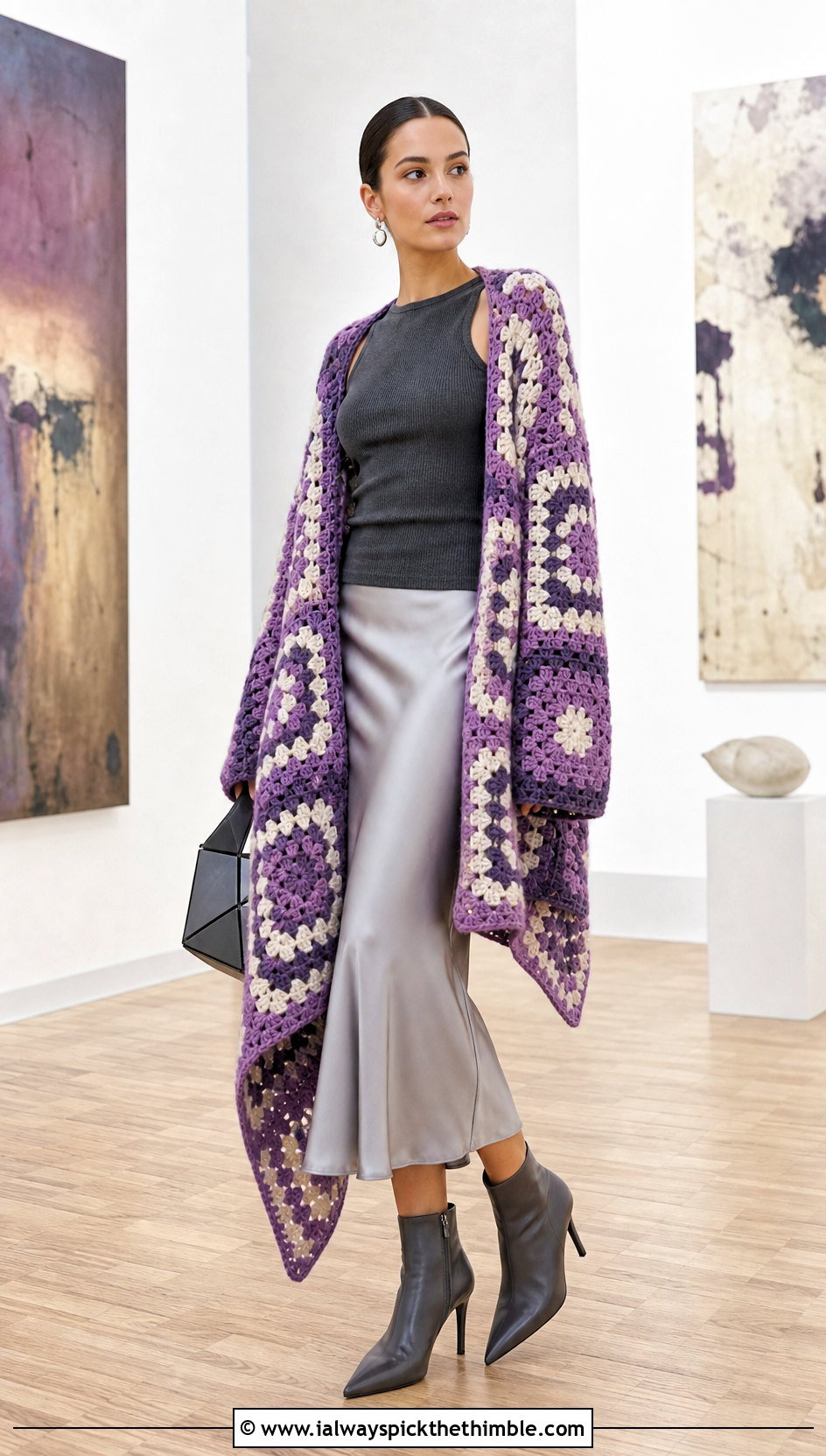 Asymmetric Giant Granny Square Cardigan With Satin Midi Skirt - 25 giant granny square cardigan outfit ideas
