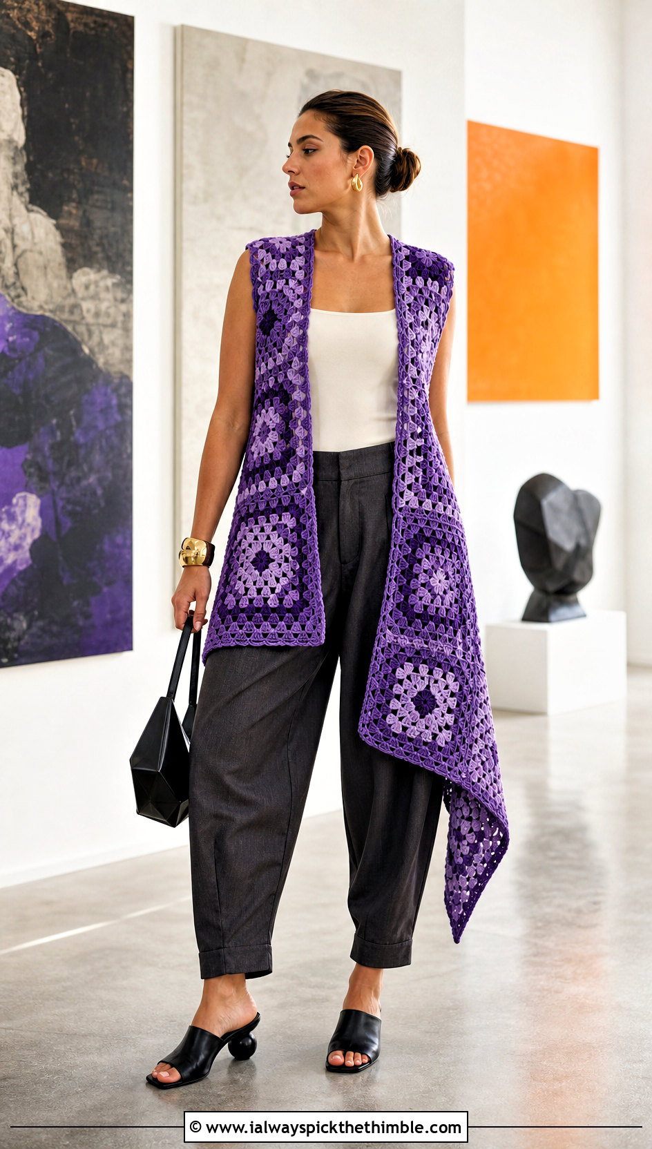 Asymmetric Granny Square Long Vest With Bodysuit And Barrel Pants - 20 Granny Square Long Vest outfit ideas