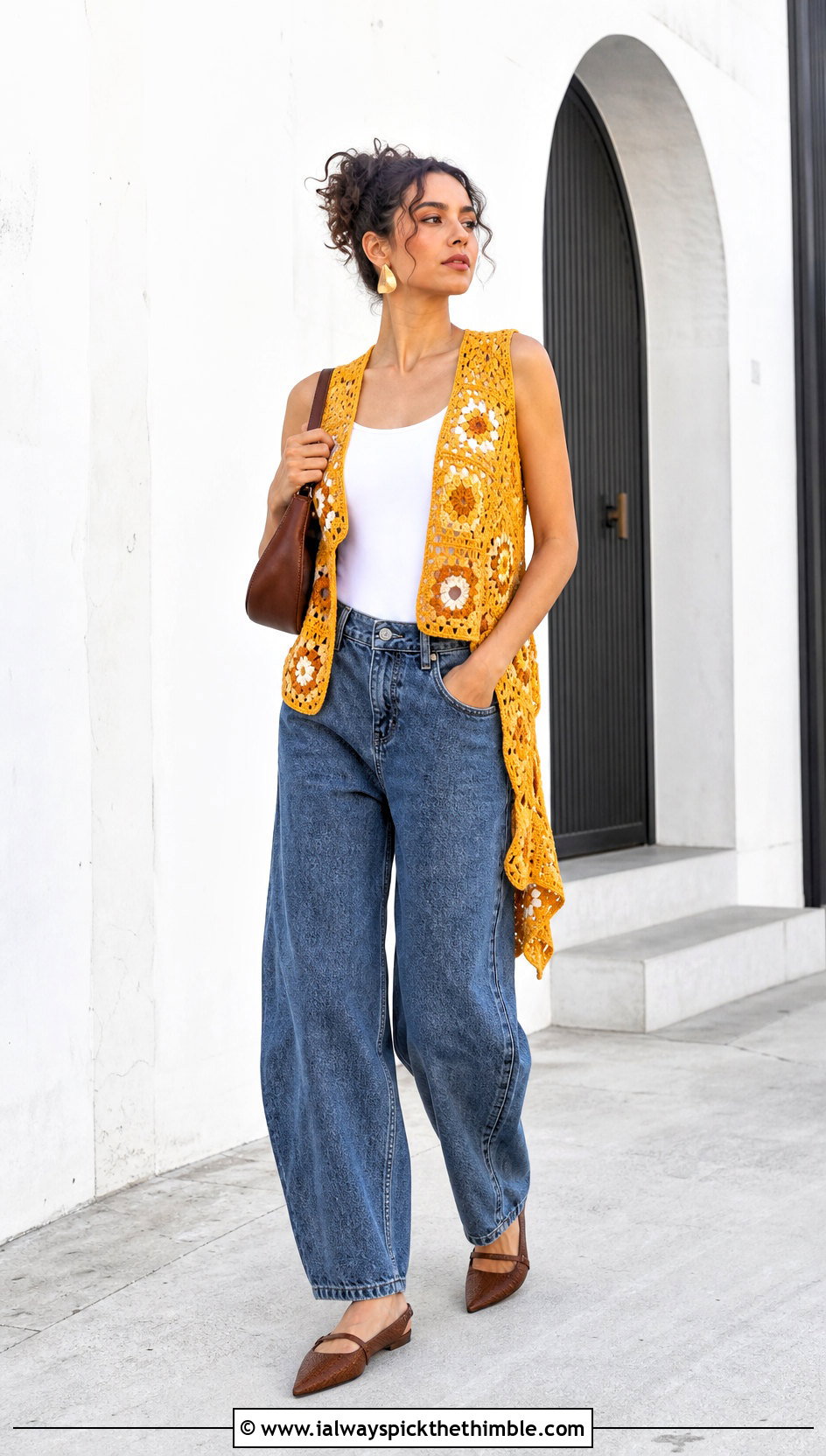 Asymmetric Granny Square Open Vest With Barrel Jeans - 20 granny square open vest outfit ideas