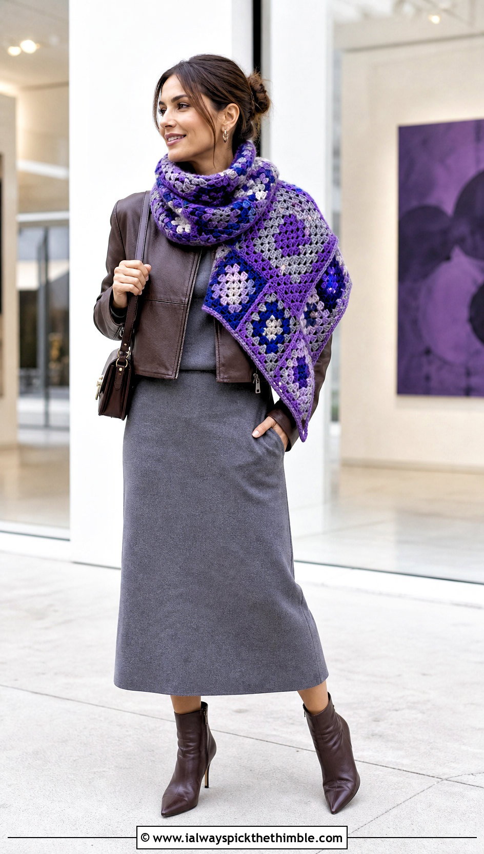 Asymmetric Granny Square Scarf With Moto Jacket And Midi Dress - 25 granny square scarf outfit ideas