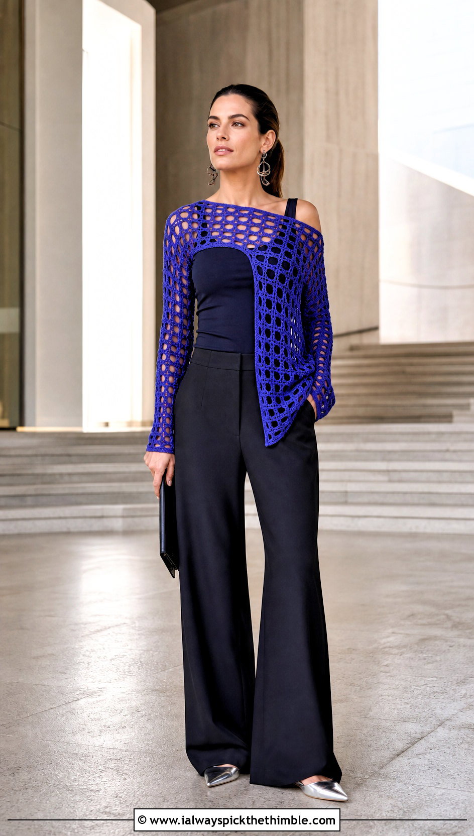 Asymmetric Grid Crochet Sweater With Suit Trousers - 15 grid crochet sweater design outfit ideas