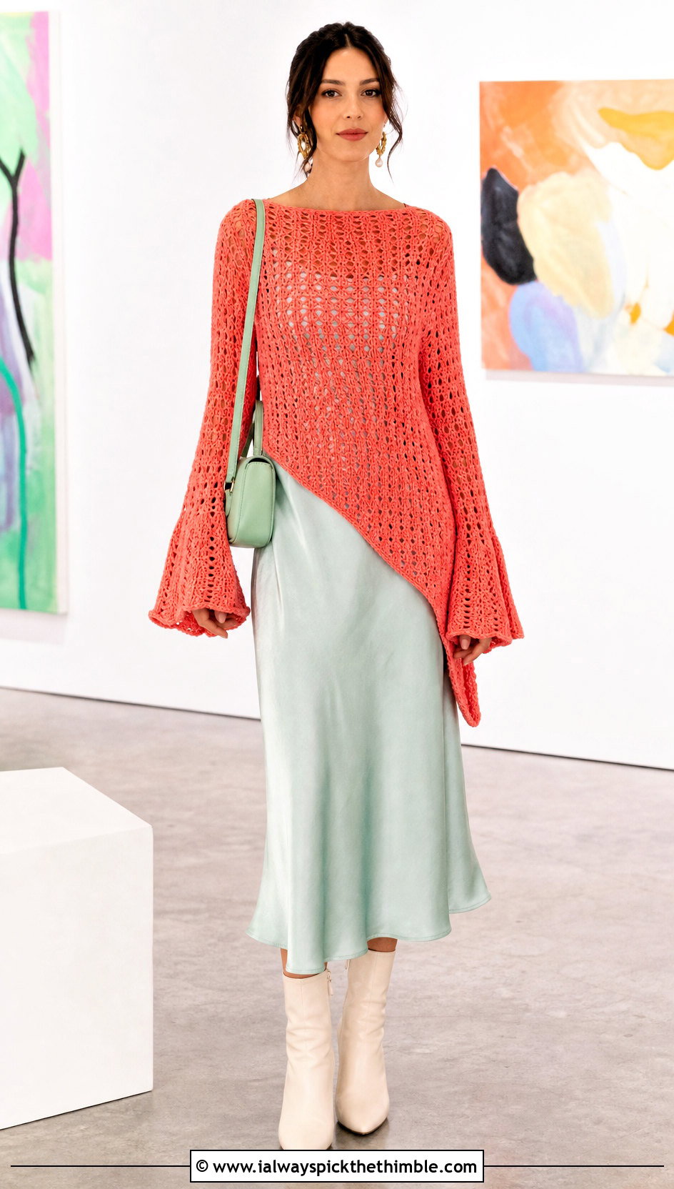 Asymmetric Hem Bell Sleeve Crochet Sweater With Slip Dress - 20 crochet sweater bell sleeves outfit ideas