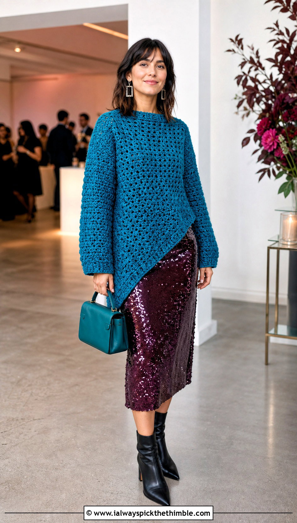 Asymmetric Hem Chunky Crochet Sweater With Sequin Midi Skirt - 20 Chunky Crochet Sweaters outfit ideas