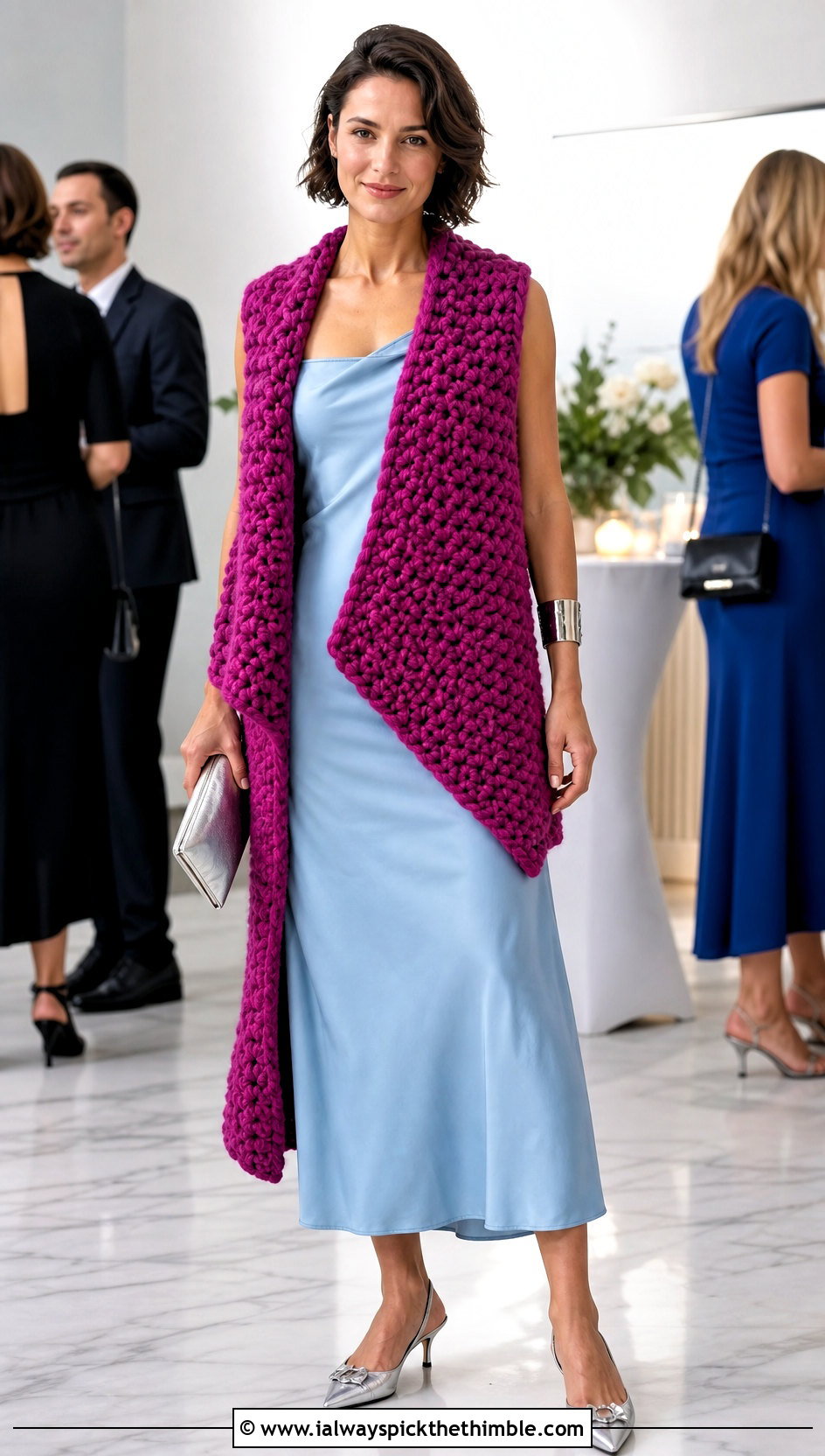 Asymmetric Hem Chunky Yarn Crochet Vest With Bias Cut Dress - 20 Chunky Yarn Crochet Vest outfit ideas