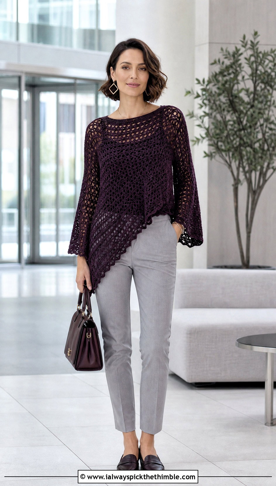 Asymmetric Hem Crochet Bell Sleeve Sweater With Cigarette Pants - 20 Crochet Sweater With Bell Sleeves outfit ideas