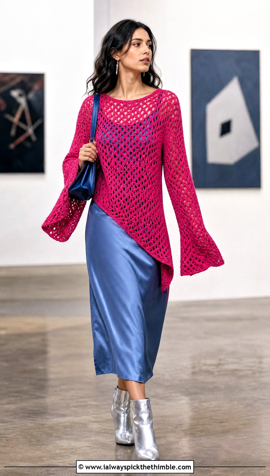 Asymmetric Hem Crochet Bell Sleeve Sweater With Slip Dress - 20 crochet bell sleeve sweater outfit ideas